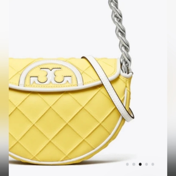 New Tory Burch MINI FLEMING SOFT PATENT BORDER CRESCENT BAG in Vintage Lemon - Picture 4 of 9